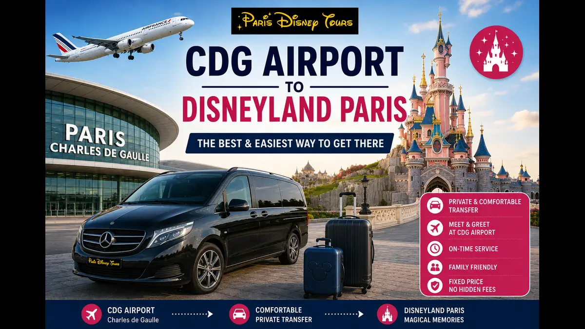 CDG Airport to Disneyland Paris private transfer service with luxury vehicle and Disneyland Paris castle