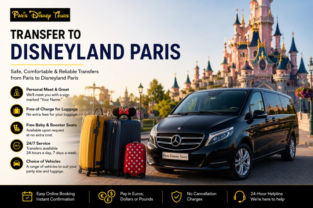Private transfer to Disneyland Paris by Paris Disney Tours with luxury vehicle, luggage assistance, and Disneyland Paris castle in the background.