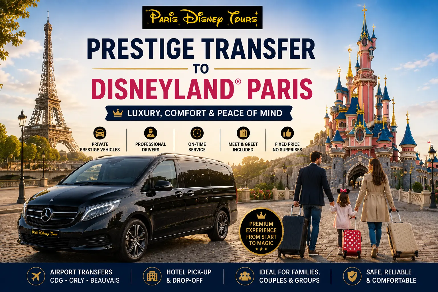 Prestige transfer to Disneyland Paris with luxury private vehicle and premium chauffeur service