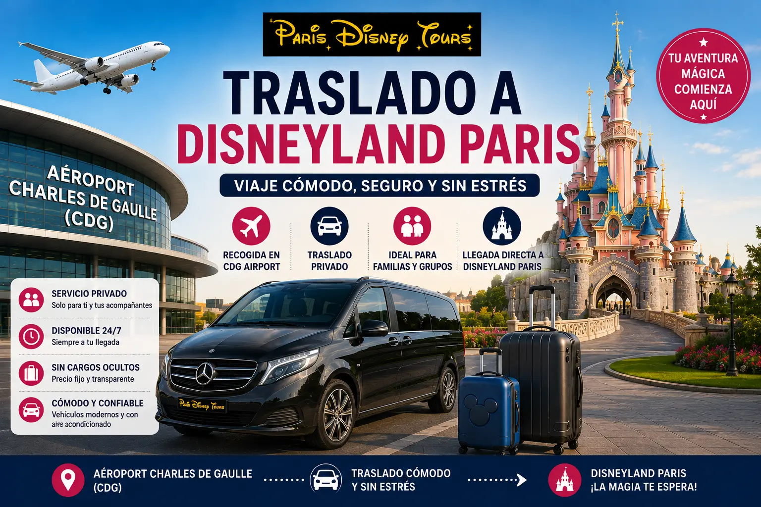 Traslado privado a Disneyland Paris desde el Aeropuerto Charles de Gaulle con vehículo de lujo y servicio puerta a puerta
